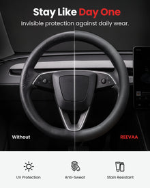 REEVAA Tesla Steering Wheel Cover for Model Y/3, Black Gray | Soft & Breathable Nappa, Slim Profile with Anti-Slip Grip, Custom Fit for 2017-2027 Model 3 & 2020-2027 Model Y