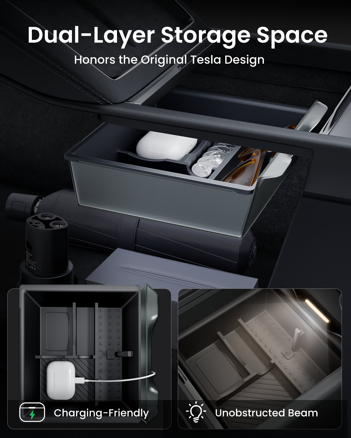 REEVAA Tesla New Model Y Juniper 2026/Model 3 Highland Center Console Organizer Tray Accessories [Maximized Space | Noise-Free & OEM Fit] 4PCS, Black