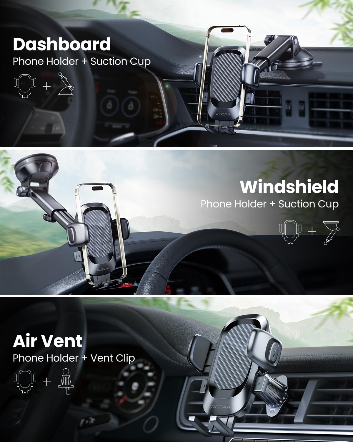REEVAA Phone Holder for Car [Newest Rotating Base] Universal Cell Phone Mount Dashboard Windshield Air Vent, Long Arm Dash Mount Compatible with iPhone 16 Pro Max 15 14 13 Samsung S24 S23 etc