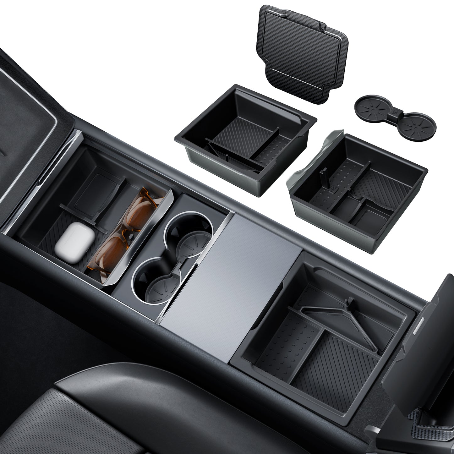 REEVAA Tesla New Model Y Juniper 2026/Model 3 Highland Center Console Organizer Tray Accessories [Maximized Space | Noise-Free & OEM Fit] 4PCS, Black
