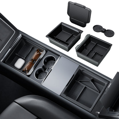 REEVAA Tesla New Model Y Juniper 2026/Model 3 Highland Center Console Organizer Tray Accessories [Maximized Space | Noise-Free & OEM Fit] 4PCS, Black