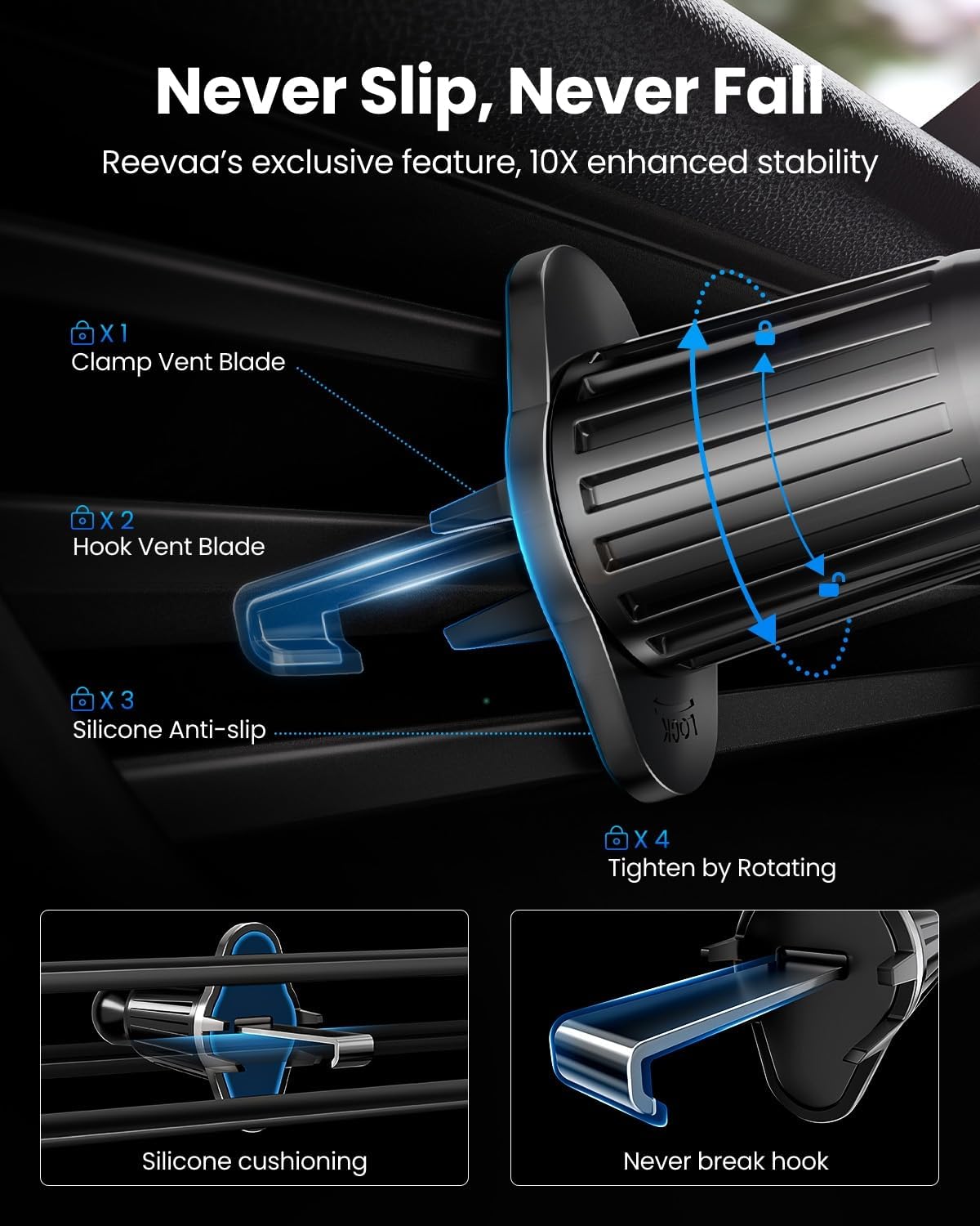 REEVAA Upgraded Phone Holder for Car [Big Phone,Thick Case Friendly] Strongest Deep Clamps & Metal Clip, Cell Phone Air Vent Mount Compatible with iPhone 16 15 14 13 12 Pro Max Samsung Ultra S24 All
