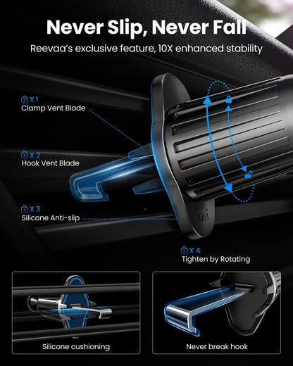 REEVAA Upgraded Phone Holder for Car [Big Phone,Thick Case Friendly] Strongest Deep Clamps & Metal Clip, Cell Phone Air Vent Mount Compatible with iPhone 16 15 14 13 12 Pro Max Samsung Ultra S24 All