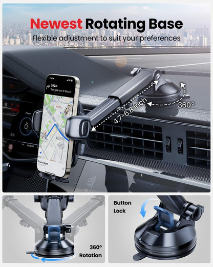 REEVAA Phone Holder for Car [Newest Rotating Base] Universal Cell Phone Mount Dashboard Windshield Air Vent, Long Arm Dash Mount Compatible with iPhone 16 Pro Max 15 14 13 Samsung S24 S23 etc