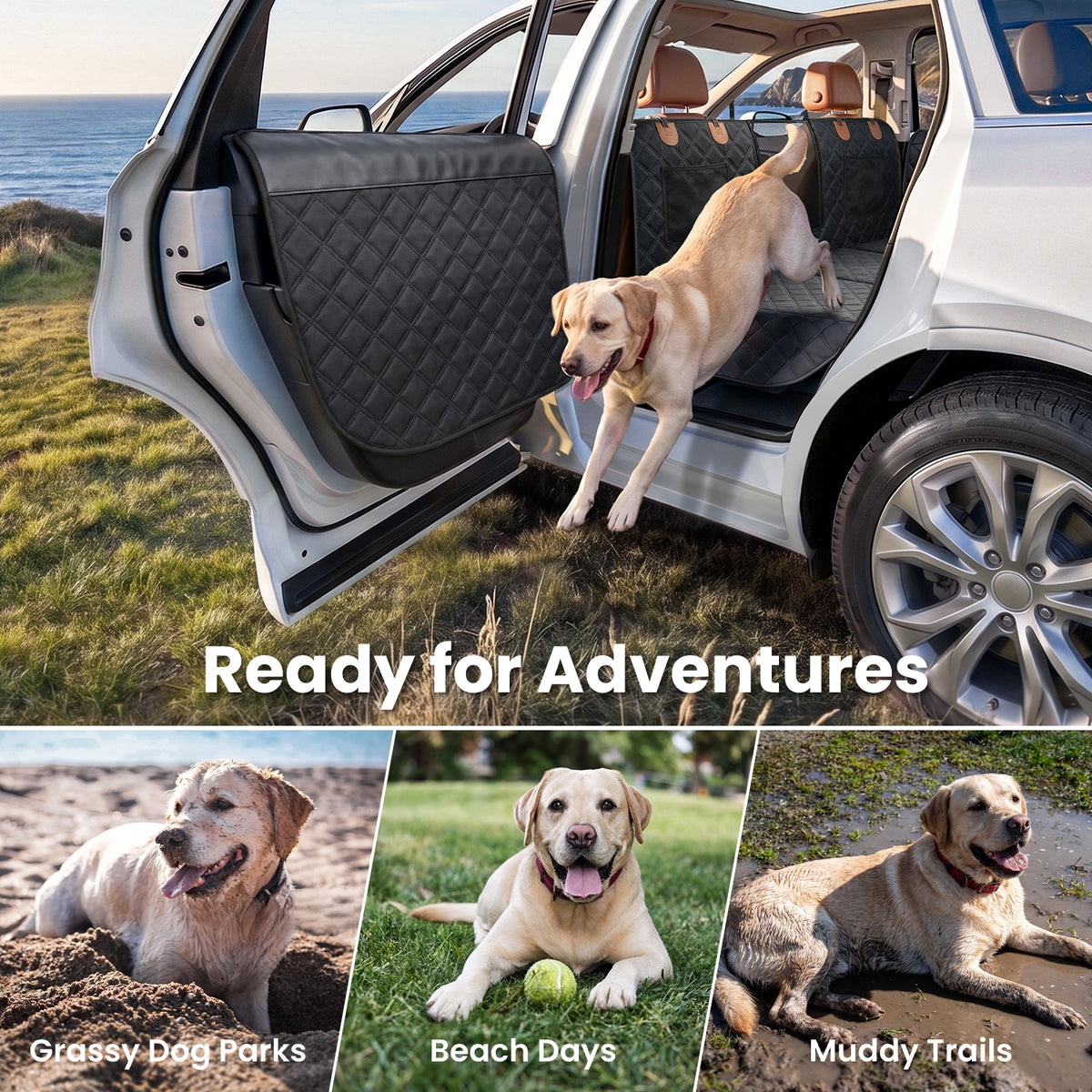REEVAA 3.0 Hard Bottom Dog Car Seat Cover with Door Protector, Black & Orange, 600-lb Dog Backseat Extender, 45% More Room for 2–4 Dogs, Cushioned, Waterproof,  Fits for SUV/Small Truck, M/L/XL, Black