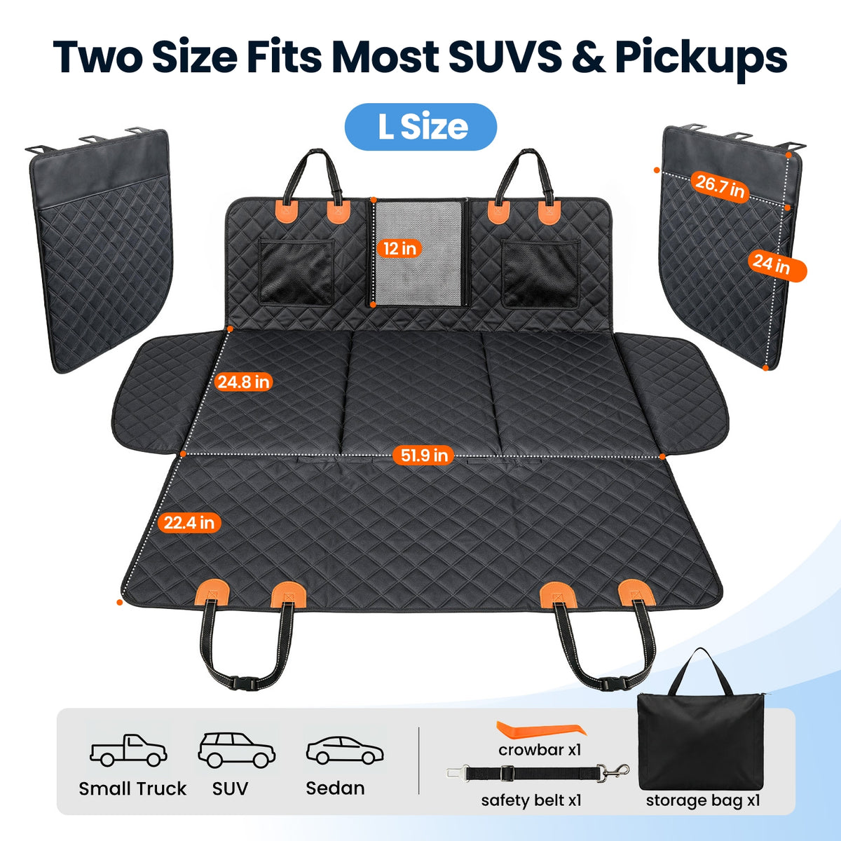 REEVAA 3.0 Hard Bottom Dog Car Seat Cover with Door Protector, Black & Orange, 600-lb Dog Backseat Extender, 45% More Room for 2–4 Dogs, Cushioned, Waterproof,  Fits for SUV/Small Truck, M/L/XL, Black