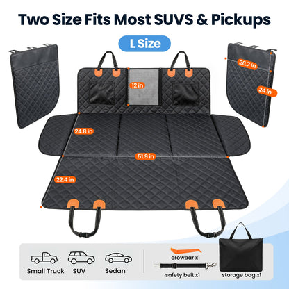 REEVAA 3.0 Hard Bottom Dog Car Seat Cover with Door Protector, Black & Orange, 600-lb Dog Backseat Extender, 45% More Room for 2–4 Dogs, Cushioned, Waterproof,  Fits for SUV/Small Truck, M/L/XL, Black