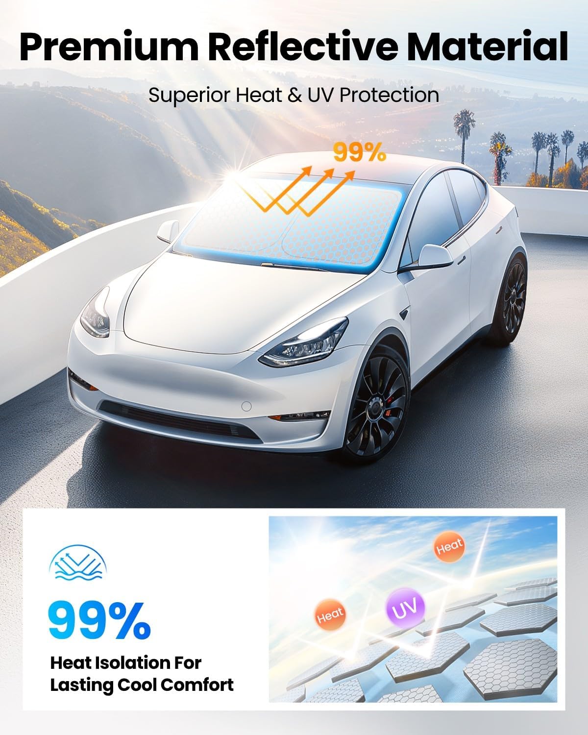 REEVAA 2025 Upgraded Foldable Tesla Model 3 Highland Sunshade Windshield with Storage Bag Fit Model 3 2016-2025, Silver Coating