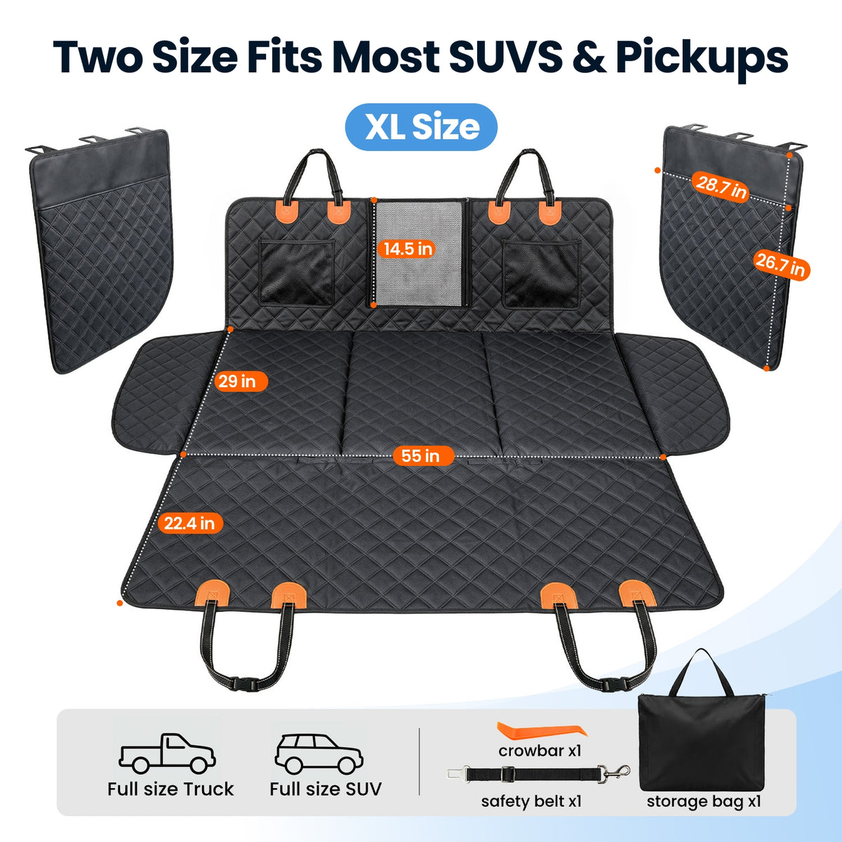 REEVAA 3.0 Hard Bottom Dog Car Seat Cover with Door Protector, Black & Orange, 600-lb Dog Backseat Extender, 45% More Room for 2–4 Dogs, Cushioned, Waterproof,  Fits for SUV/Small Truck, M/L/XL, Black