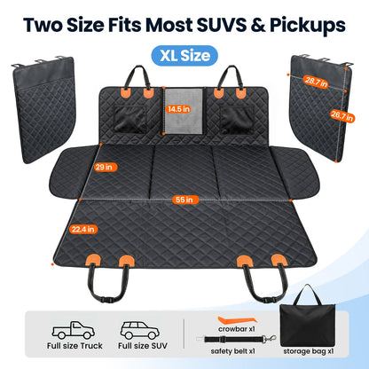 REEVAA 3.0 Hard Bottom Dog Car Seat Cover with Door Protector, Black & Orange, 600-lb Dog Backseat Extender, 45% More Room for 2–4 Dogs, Cushioned, Waterproof,  Fits for SUV/Small Truck, M/L/XL, Black