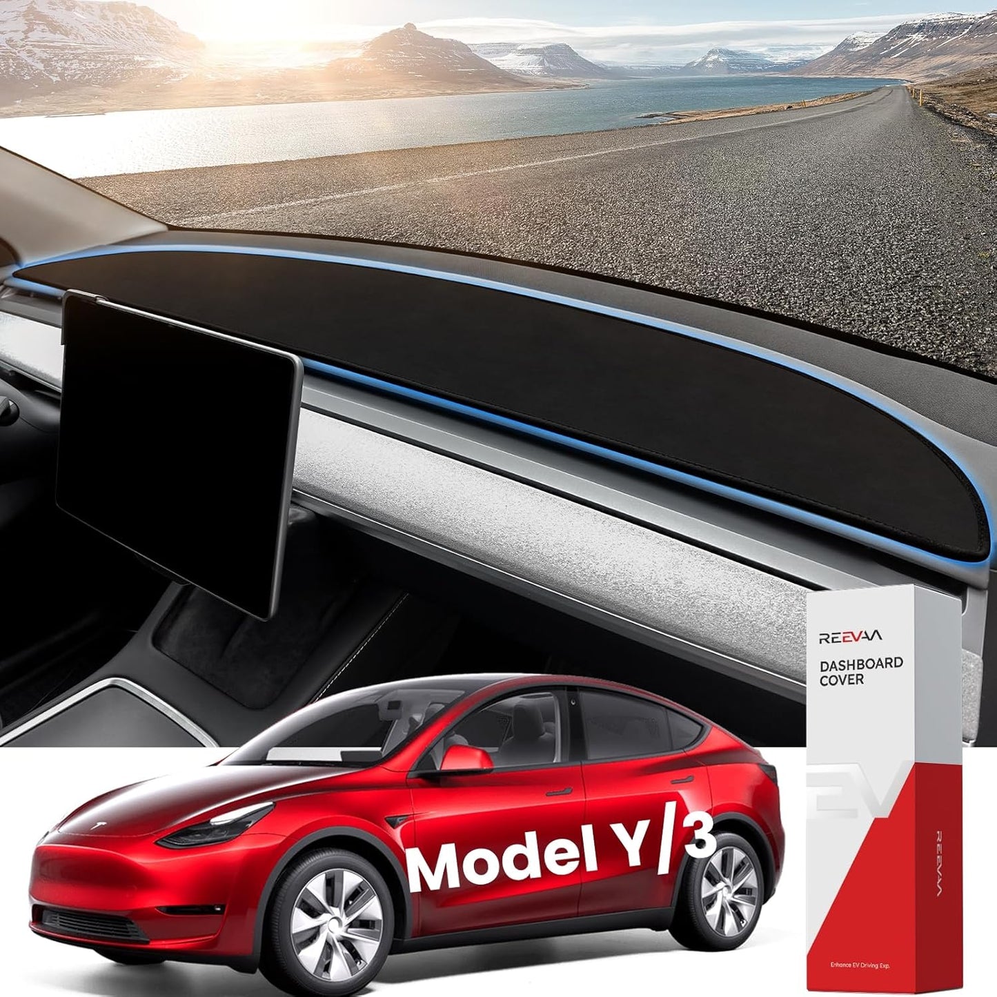 REEVAA 2024 Newest Tesla Dashboard Cover Accessories [Anti-Glare, Full Protection] Anti-Slip Soft Alcantara Dash Cover Mat