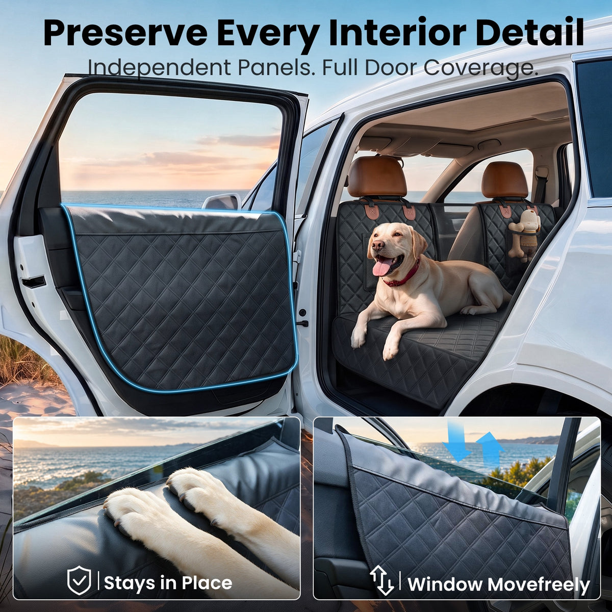 REEVAA 3.0 Hard Bottom Dog Car Seat Cover with Door Protector, Black & Orange, 600-lb Dog Backseat Extender, 45% More Room for 2–4 Dogs, Cushioned, Waterproof,  Fits for SUV/Small Truck, M/L/XL, Black