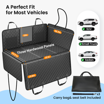 Perfect Fit for Most Vehicles, SUV, Small Truck, Sedan. The package have carry bag and dog seat belt too.