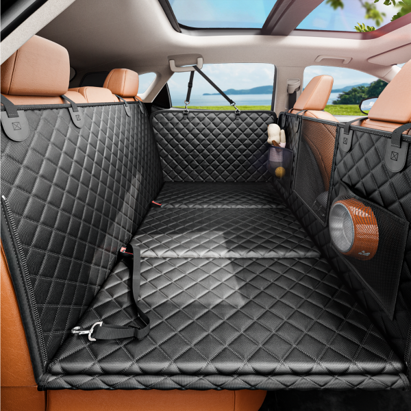 REEVAA 2.0 Hard Bottom Back Seat Extender for Heavy-Duty Dogs, Dog Car Seat Cover with Cushion Sponge, Waterproof Dog Hammock with Mesh Window for Car, Universal Fits for SUV/Small Truck, L, Black