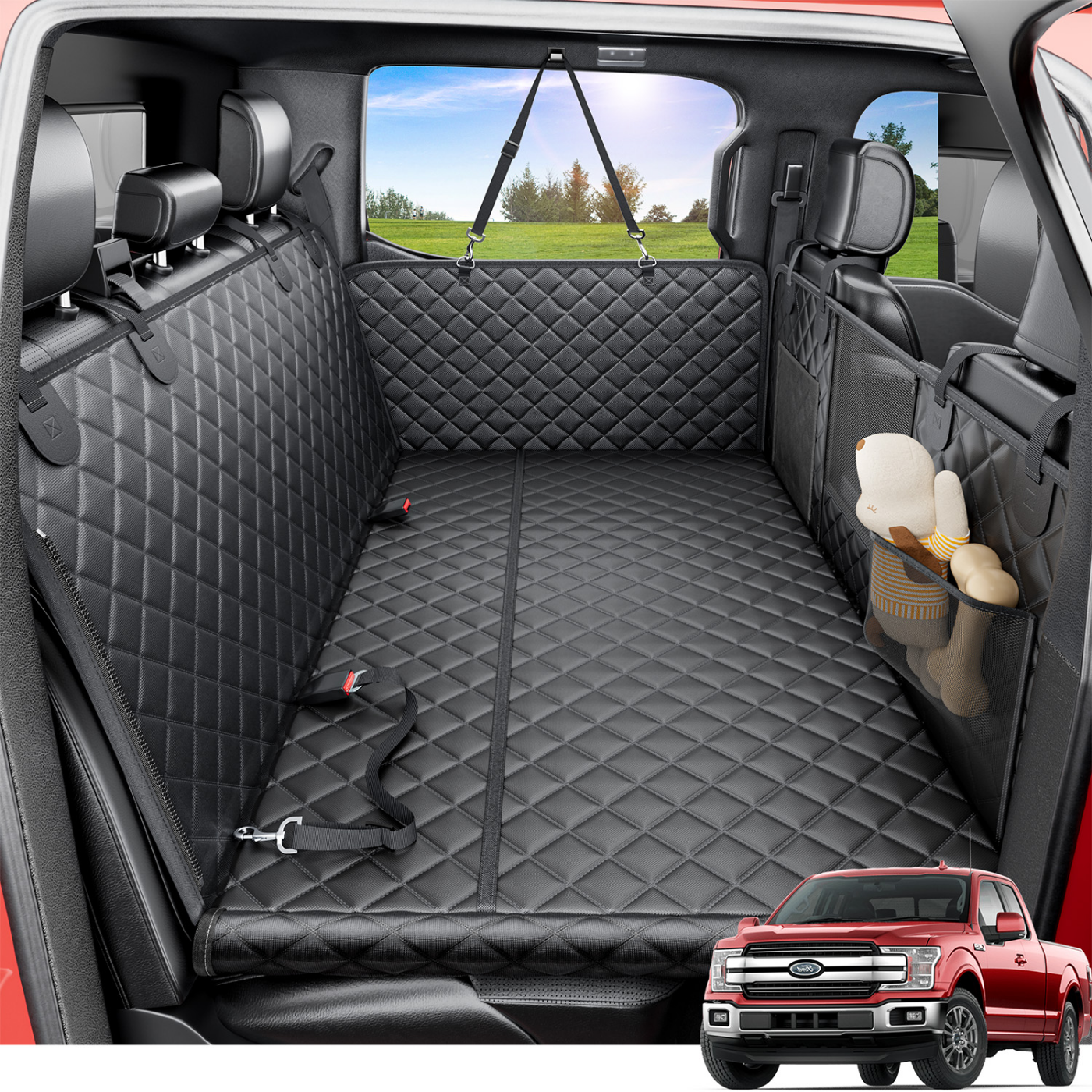 REEVAA Dog Car Seat Cover for Back Seat, Hard Bottom Dog Hammock, Pet Bed Extender for 2-4 Large/Medium Dogs, Waterproof Seat Protector