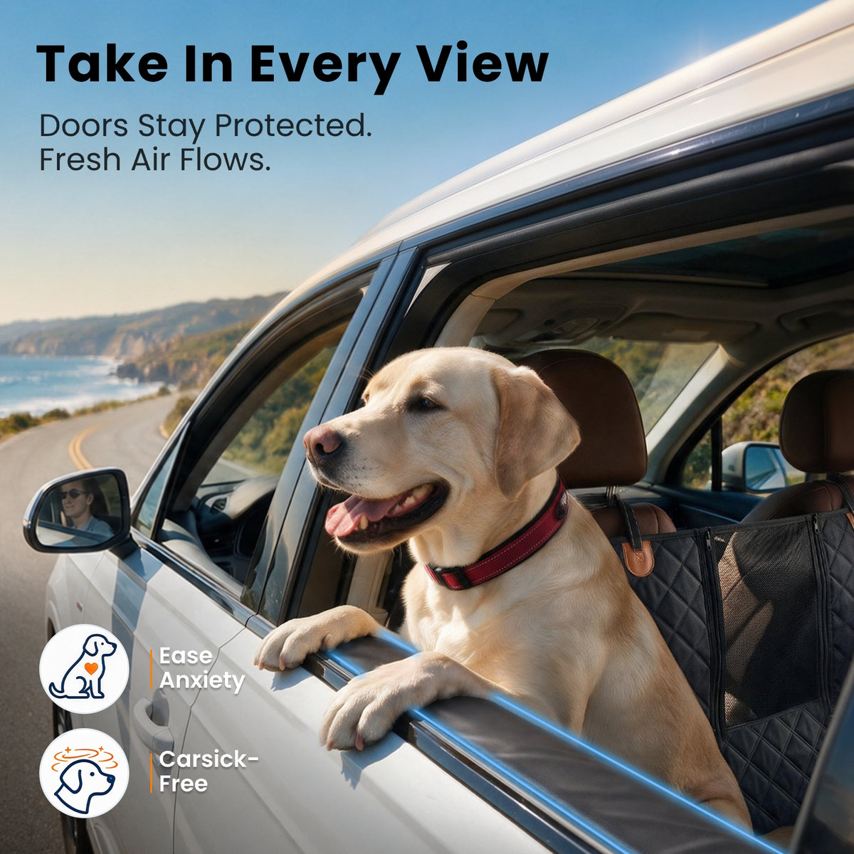 REEVAA 3.0 Hard Bottom Dog Car Seat Cover with Door Protector, Black & Orange, 600-lb Dog Backseat Extender, 45% More Room for 2–4 Dogs, Cushioned, Waterproof,  Fits for SUV/Small Truck, M/L/XL, Black
