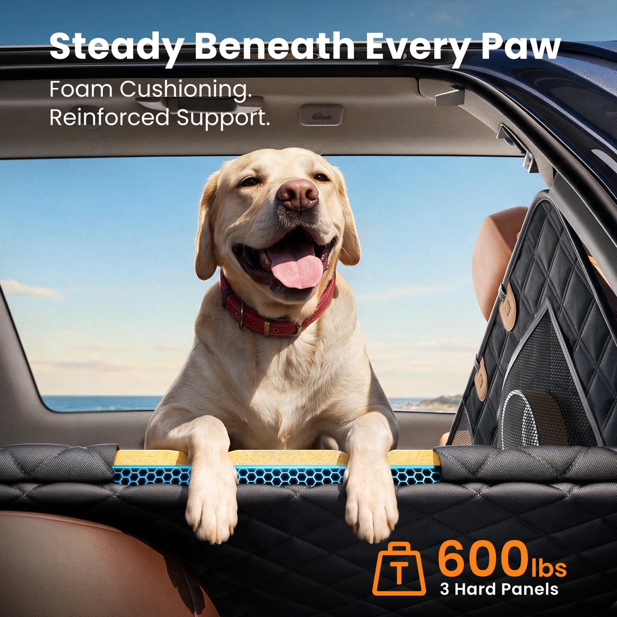 REEVAA 3.0 Hard Bottom Dog Car Seat Cover with Door Protector, Black & Orange, 600-lb Dog Backseat Extender, 45% More Room for 2–4 Dogs, Cushioned, Waterproof,  Fits for SUV/Small Truck, M/L/XL, Black