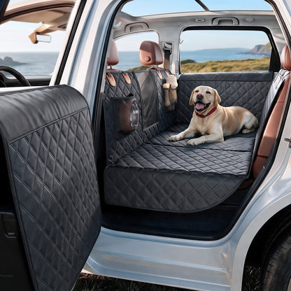 REEVAA 3.0 Hard Bottom Dog Car Seat Cover with Door Protector, Black & Orange, 600-lb Dog Backseat Extender, 45% More Room for 2–4 Dogs, Cushioned, Waterproof,  Fits for SUV/Small Truck, M/L/XL, Black